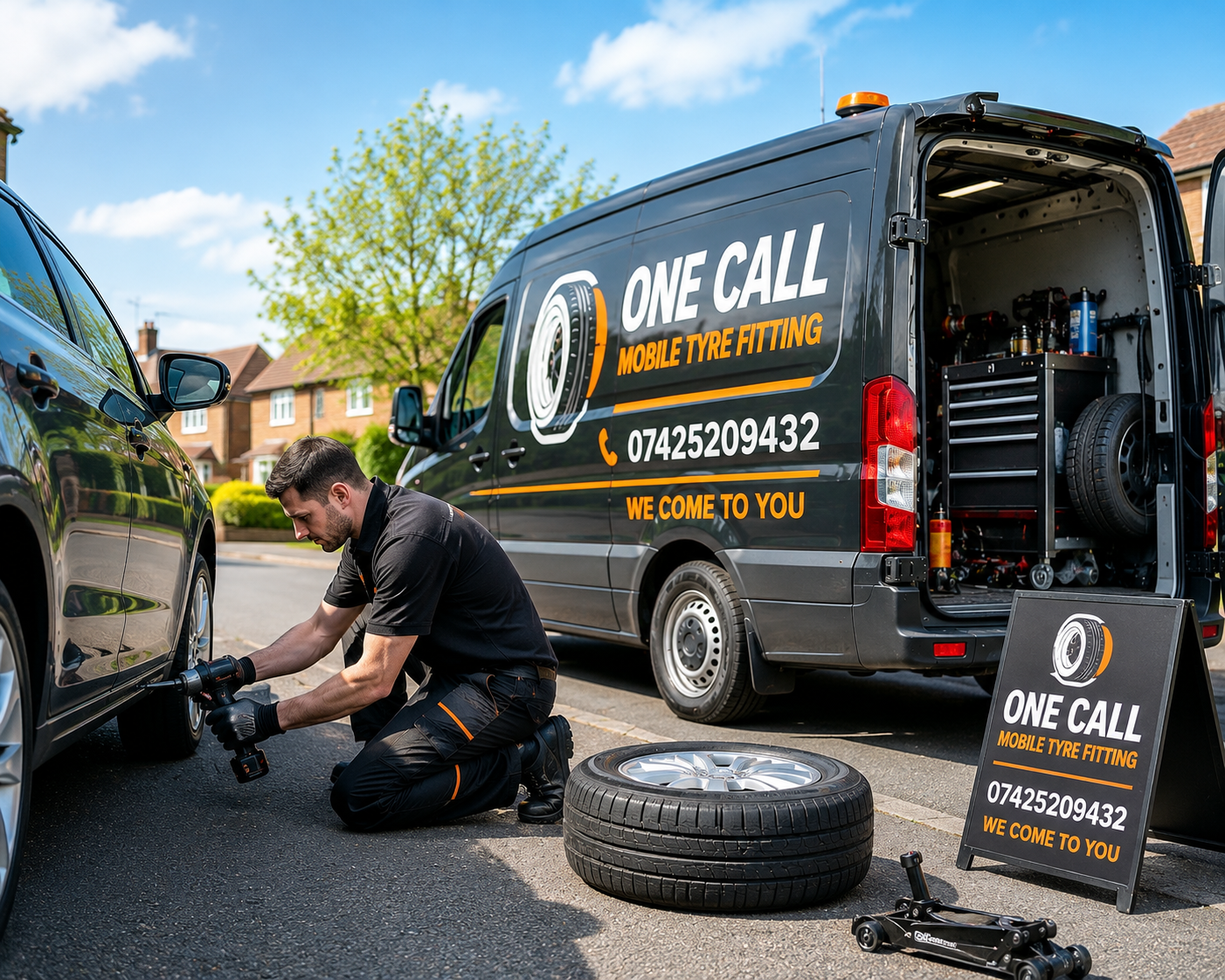 Mobile tyre technician fitting a tyre at roadside